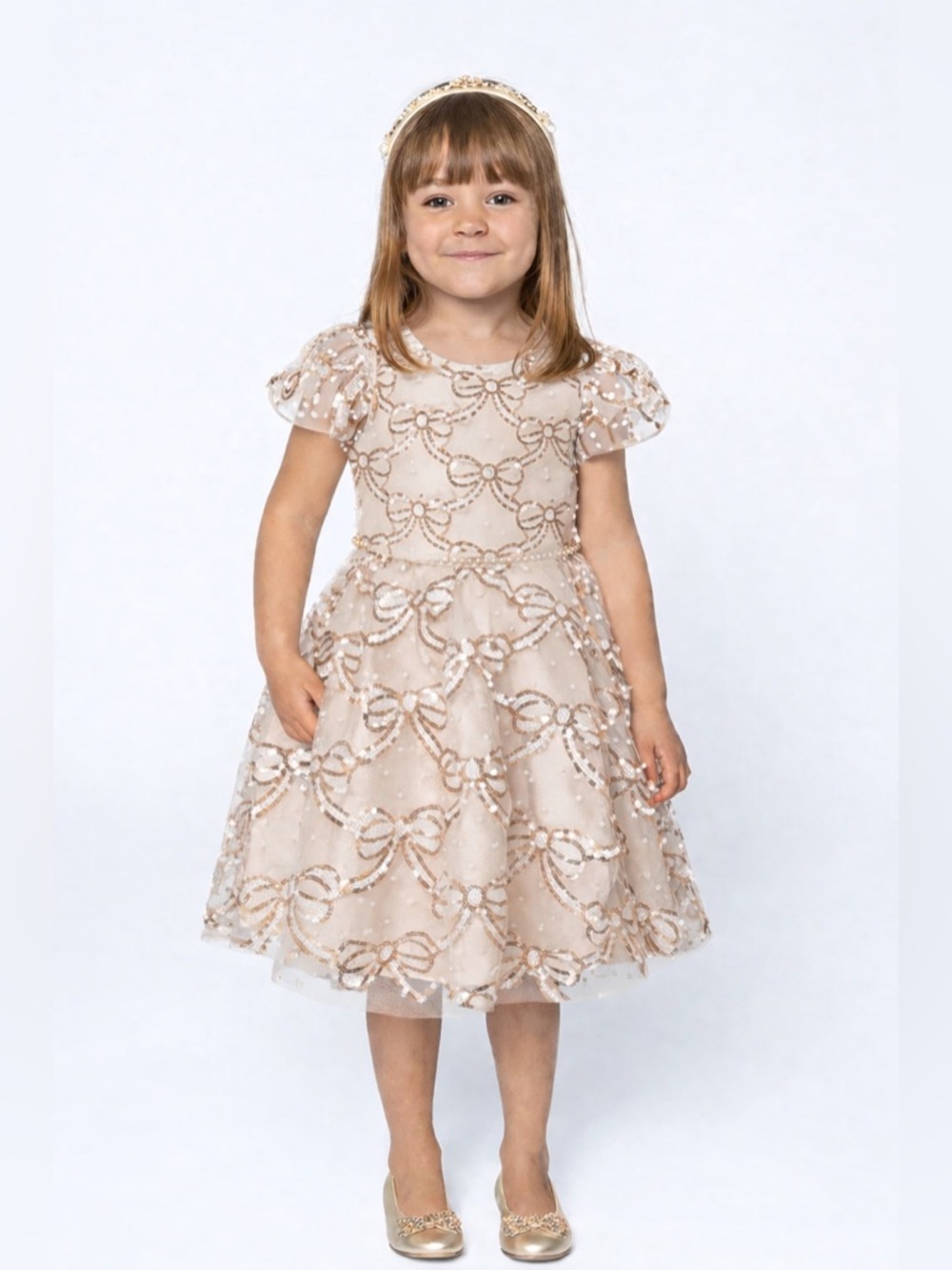 Rare Editions Girls Party Dress Sequin Bow Puff Illusion Sleeves 4T